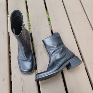 Vintage 90s y2k Bratz Punk Black Leather Chunky Heel Square Mid Calf Boots 9